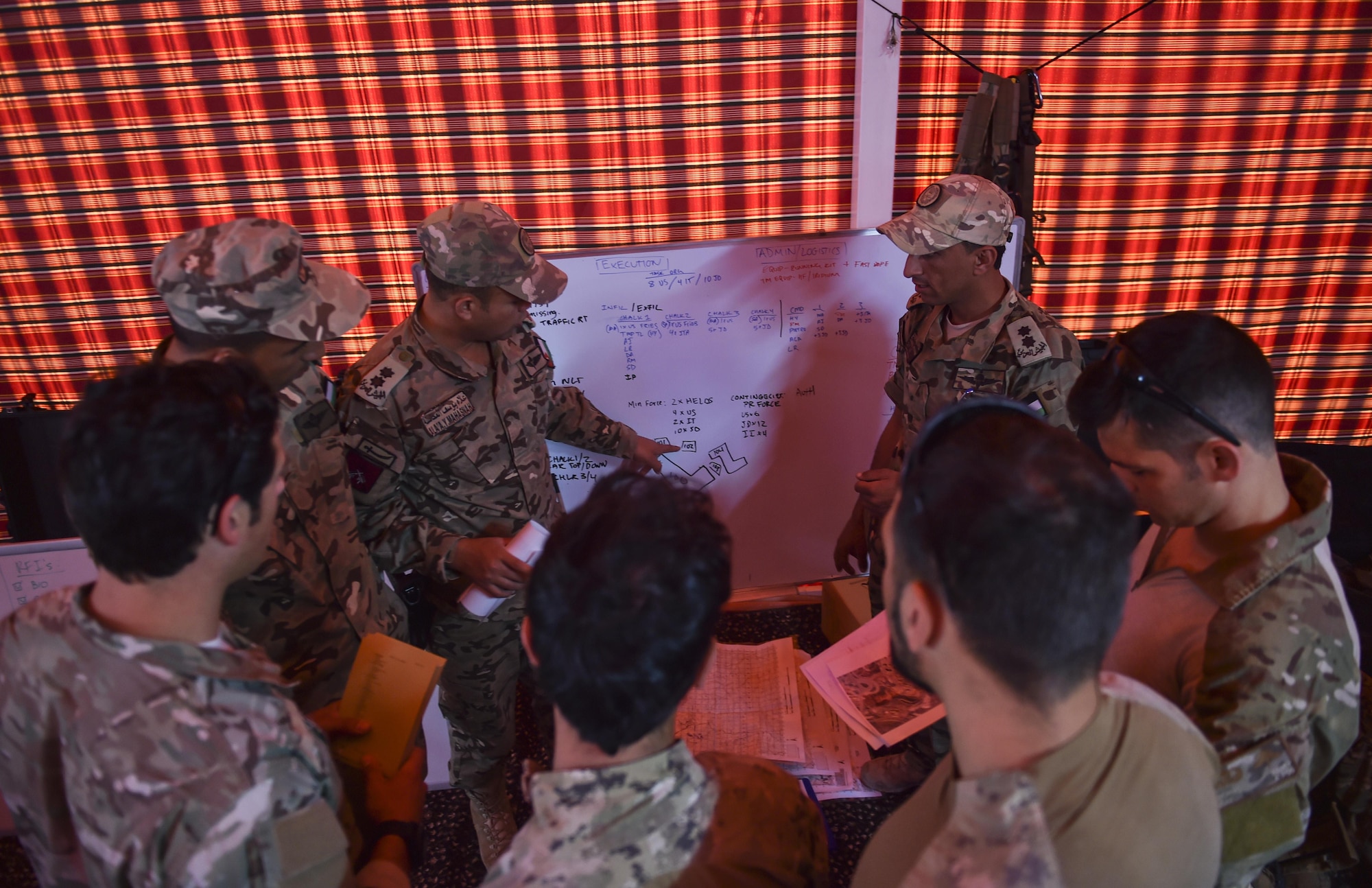 Members of the Jordanian Armed Forces Special Task Force and U.S. Air Force Special Tactics Airmen plan a p[ersonnel recovery mission May 11, 2017, at King Abdullah II Special Operations Training Center. (U.S. Air Force photo/Senior Airman Ryan Conroy)