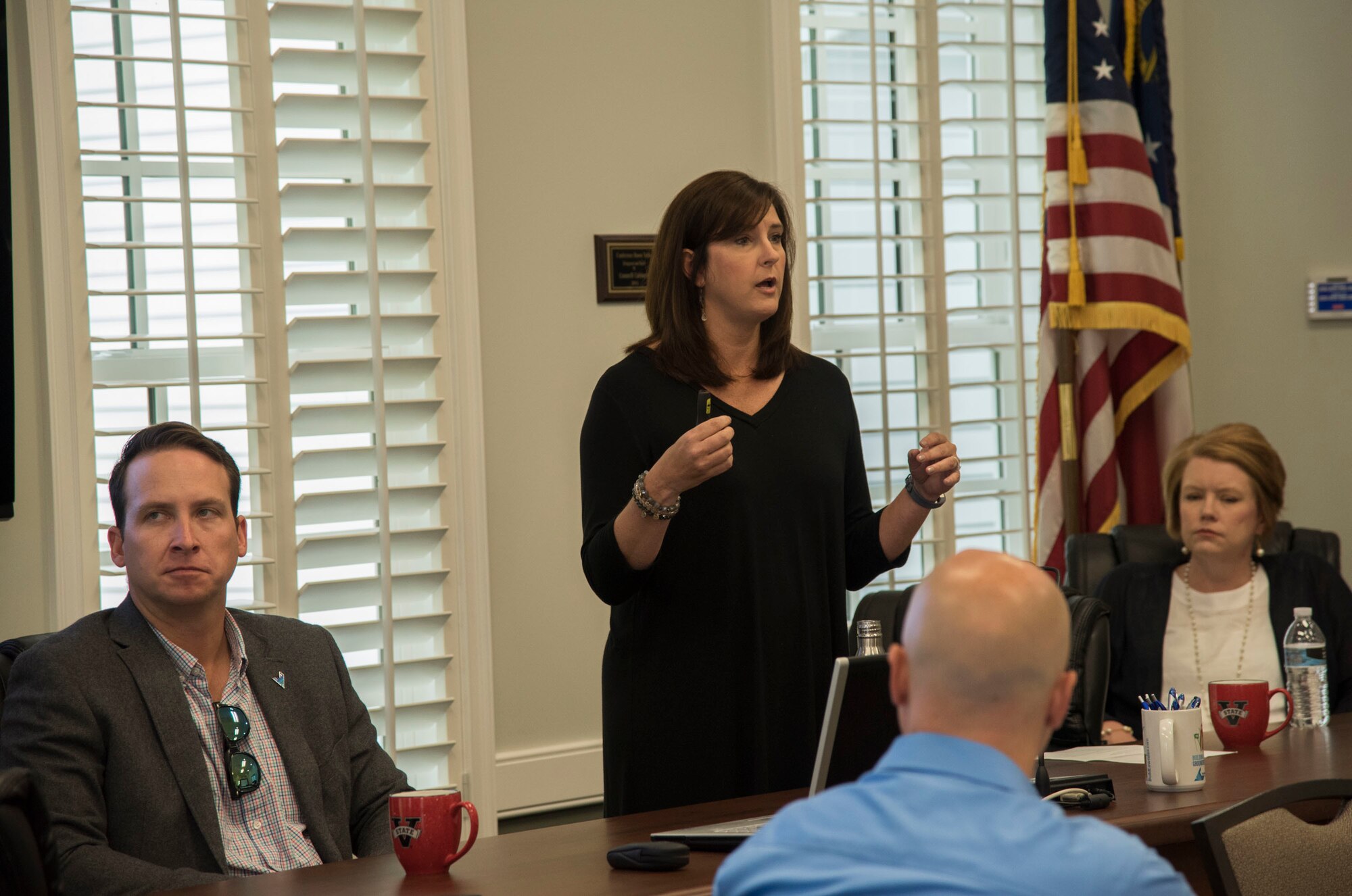 Andrea Schruijer, Executive Director Valdosta-Lowndes Development Authority, speaks with members of Leadership Moody about the role the Valdosta-Lowndes Development Authority plays in the local area, May 12th, 2017, at the Valdosta-Lowndes Development Authority. Leadership Moody is a development leadership program at Moody Air Force Base where selected Senior Non-Commissioned Officers, Field Grade Officers, and civilians gain leadership insights from local area leaders in government, education or other community agencies. (U.S. Air Force Photo by Capt. Korey Fratini)