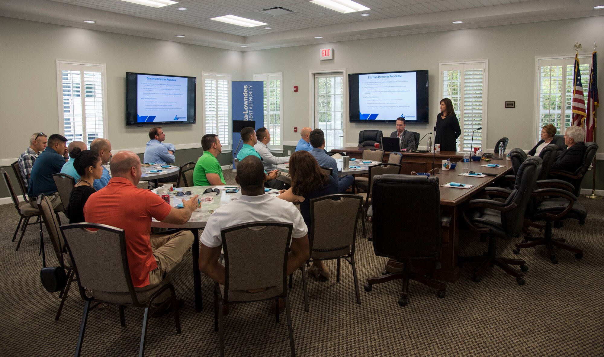 Members of Leadership Moody listen to leaders from the Valdosta-Lowndes Development Authority, about the role the Valdosta-Lowndes Development Authority plays in the local area, May 12th, 2017 at the Valdosta-Lowndes Development Authority. Leadership Moody is a development leadership program at Moody Air Force Base where selected Senior Non-Commissioned Officers, Field Grade Officers, and civilians gain leadership insights from local area leaders in government, education or other community agencies. (U.S. Air Force Photo by Capt. Korey Fratini)