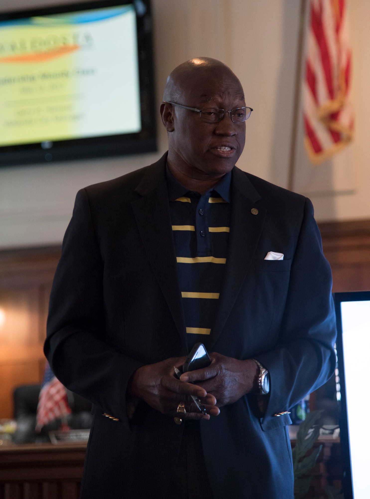 Mayor Pro Tem, Alvin Payton, for the city of Valdosta, Ga., speaks with members from Leadership Moody about the role city councilmen play in local government, May 12th, 2017, at Valdosta City Hall. Leadership Moody is a development leadership program at Moody Air Force Base where selected Senior Non-Commissioned Officers, Field Grade Officers, and civilians gain leadership insights from local area leaders in government, education or other community agencies. (U.S. Air Force Photo by Capt. Korey Fratini)