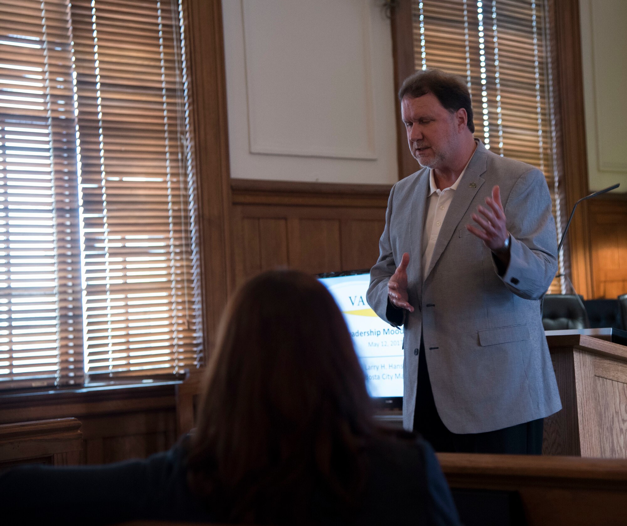 Mr. Larry Hanson, Valdosta City Manager, for the city of Valdosta, Ga., speaks to members of Leadership Moody about his leadership style in the way he carries out his duties as the city manager, May 12th, 2017. Leadership Moody is a development leadership program at Moody Air Force Base where selected Senior Non-Commissioned Officers, Field Grade Officers, and civilians gain leadership insights from local area leaders in government, education or other community agencies. (U.S. Air Force Photo by Capt. Korey Fratini)