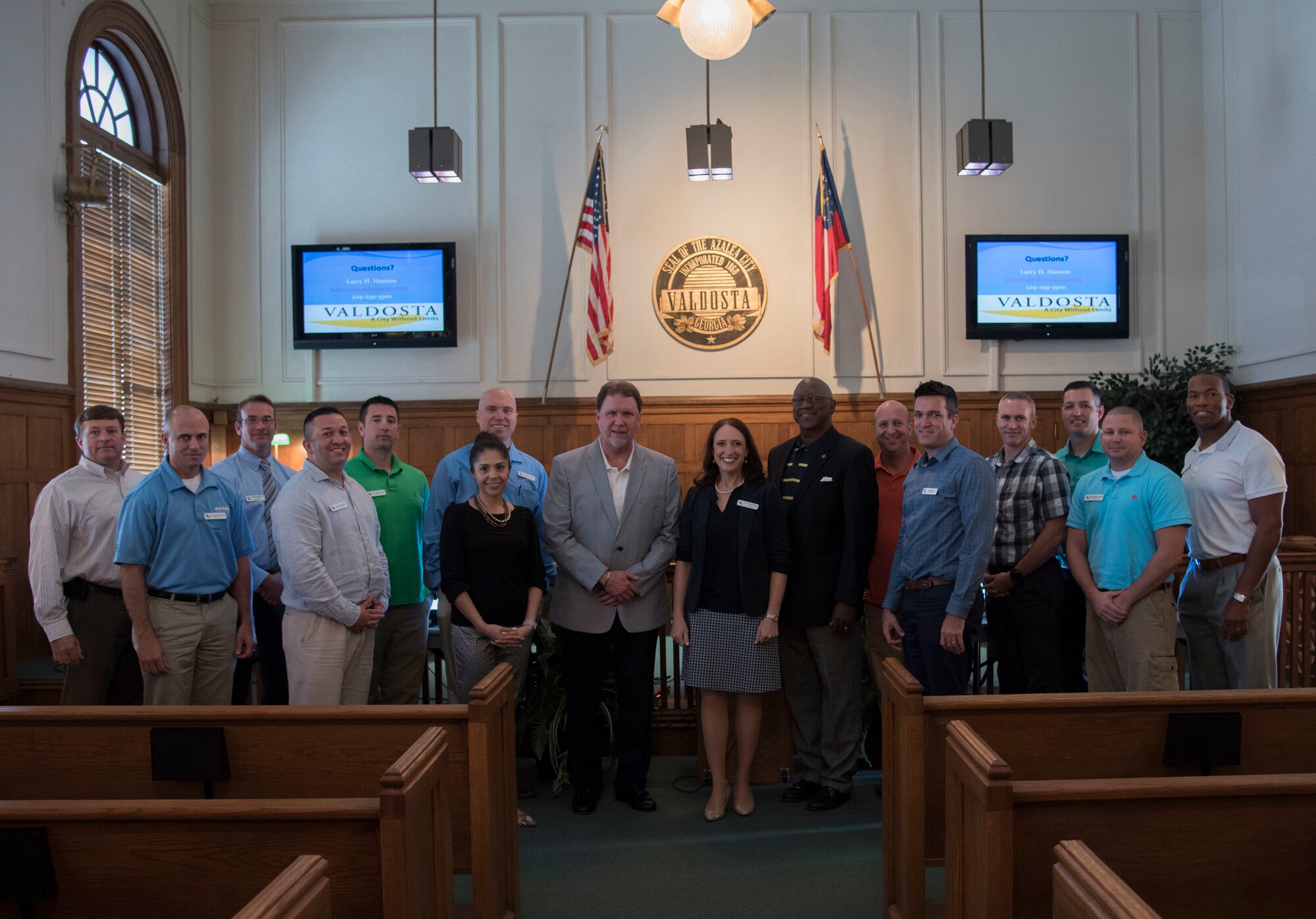 Members of Leadership Moody pose for a photo with leadership from the City of Valdosta Ga., May 12th, 2017, at Valdosta City Hall.  Leadership Moody is a development leadership program at Moody Air Force Base where selected Senior Non-Commissioned Officers, Field Grade Officers, and civilians gain leadership insights from local area leaders in government, education or other community agencies. (U.S. Air Force Photo by Capt. Korey Fratini)