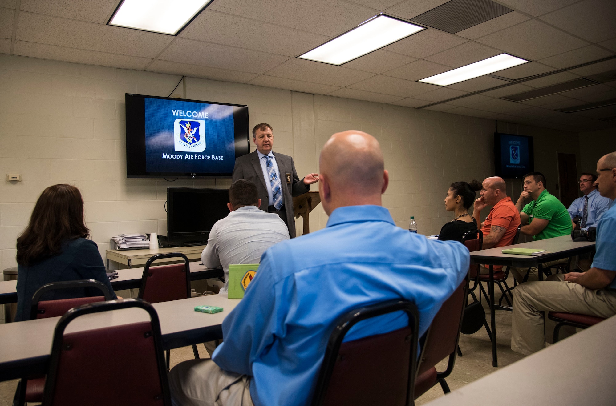 Valdosta Chief of Police Brian Childress, discusses his leadership style and the challenges he faces as the chief of police, May 12th, 2017, at the Valdosta, Ga., Police Department.  Leadership Moody is a development leadership program at Moody Air Force Base where selected Senior Non-Commissioned Officers, Field Grade Officers, and civilians gain leadership insights from local area leaders in government, education or other community agencies. (U.S. Air Force Photo by Capt. Korey Fratini)