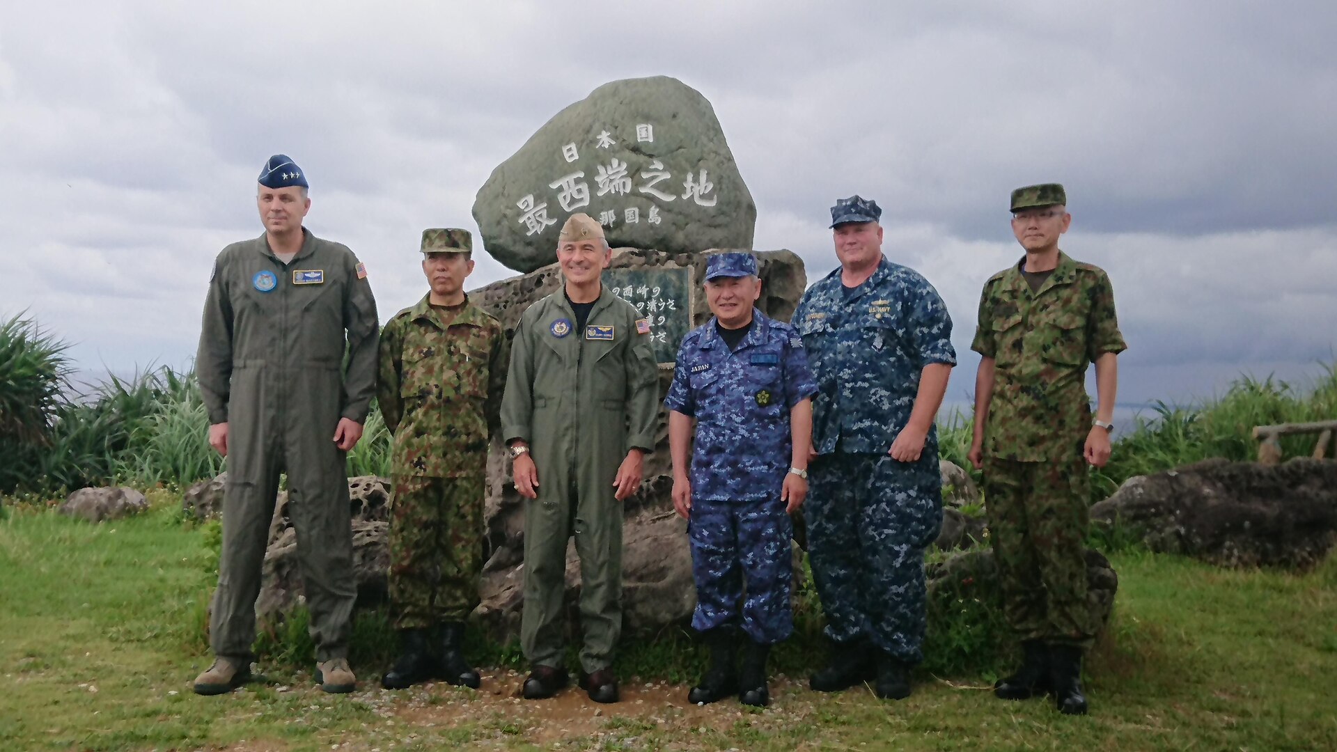 USPACOM Commander, Admiral Harry Harris takes a group photo with U.S. and Japanese military members at Yonaguni Island, May 17, 2017.
 
