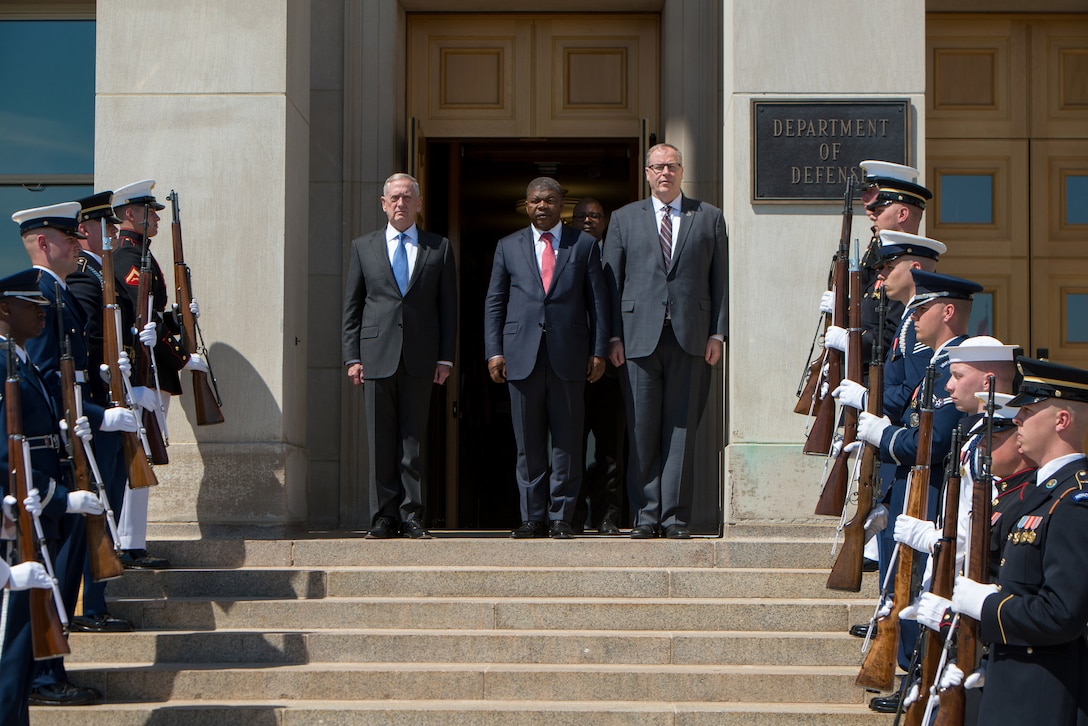 Defense Secretary Jim Mattis and Deputy Defense Secretary Bob Work stand with Angolan Defense Minister Joao Lourenco during an honor cordon welcoming him to the Pentagon, May 17, 2017. DoD photo by Air Force Staff Sgt. Jette Carr