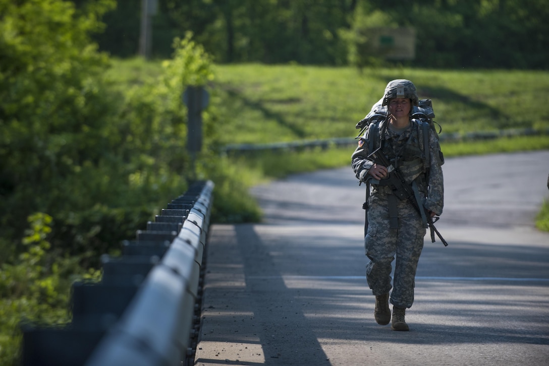 U.S. Army Sgt. Kandy Christian, the 2017 Army Human Resources Command Soldier of the Year, marches up Misery Hill during the HRC Best Warrior Competition held at Fort Knox, Ky., May 10, 2017. Christian, along with Sgt. 1st Class Francis Reyes, 2017 Army Human Resources Command Noncommissioned Officer of the Year, moved on to the Fort Knox Installation competition held on post May 21 through 25.  (U.S. Army photo by Master Sgt. Brian Hamilton)