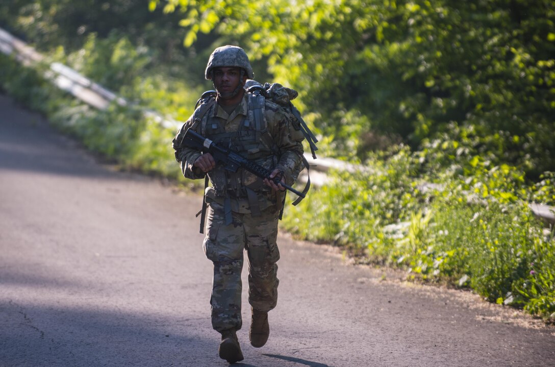 Sgt. 1st Class Francis Reyes, 2017 U.S. Army Human Resources Command Noncommissioned Officer of the Year, marches up Misery Hill during the HRC Best Warrior Competition held at Fort Knox, Ky., May 8-11, 2017. Reyes along with Sgt. Kandy Christian, 2017 U.S. Army Human Resources Command Soldier of the Year now move on to the Fort Knox Installation competition held on post 21-25 May.  (U.S. Army Photo by Master Sgt. Brian Hamilton)