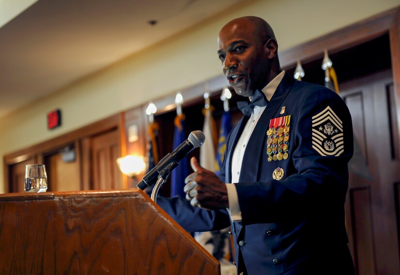 Chief Master Sgt. of the Air Force Kaleth O. Wright speaks during an Airman Leadership School graduation at Joint Base Andrews, Md., May 11, 2017. ALS is a five- week Professional Military Education program which trains Senior Airmen and newly selected Staff Sergeant in order to prepare them for accession into the NCO corps. (U.S. Air Force photo by Airman 1st Class Gabrielle Spalding)