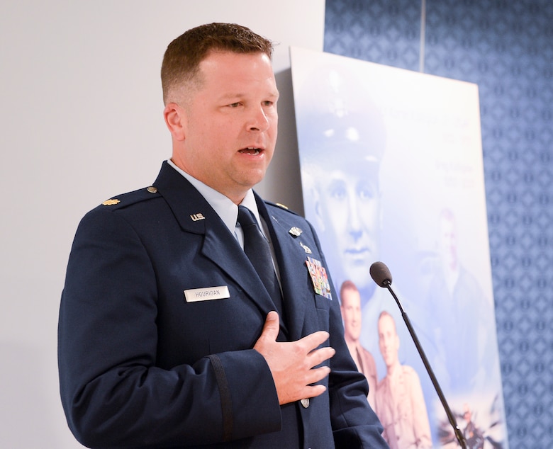 Maj. John Hourigan, a 123rd Operations Support Squadron C-130 Hercules pilot,  speaks after receiving the Koren Kolligian Trophy during ceremony in the Pentagon, Washington, D.C., May 17, 2017. (U.S. Air Force Photo/Andy Morataya)