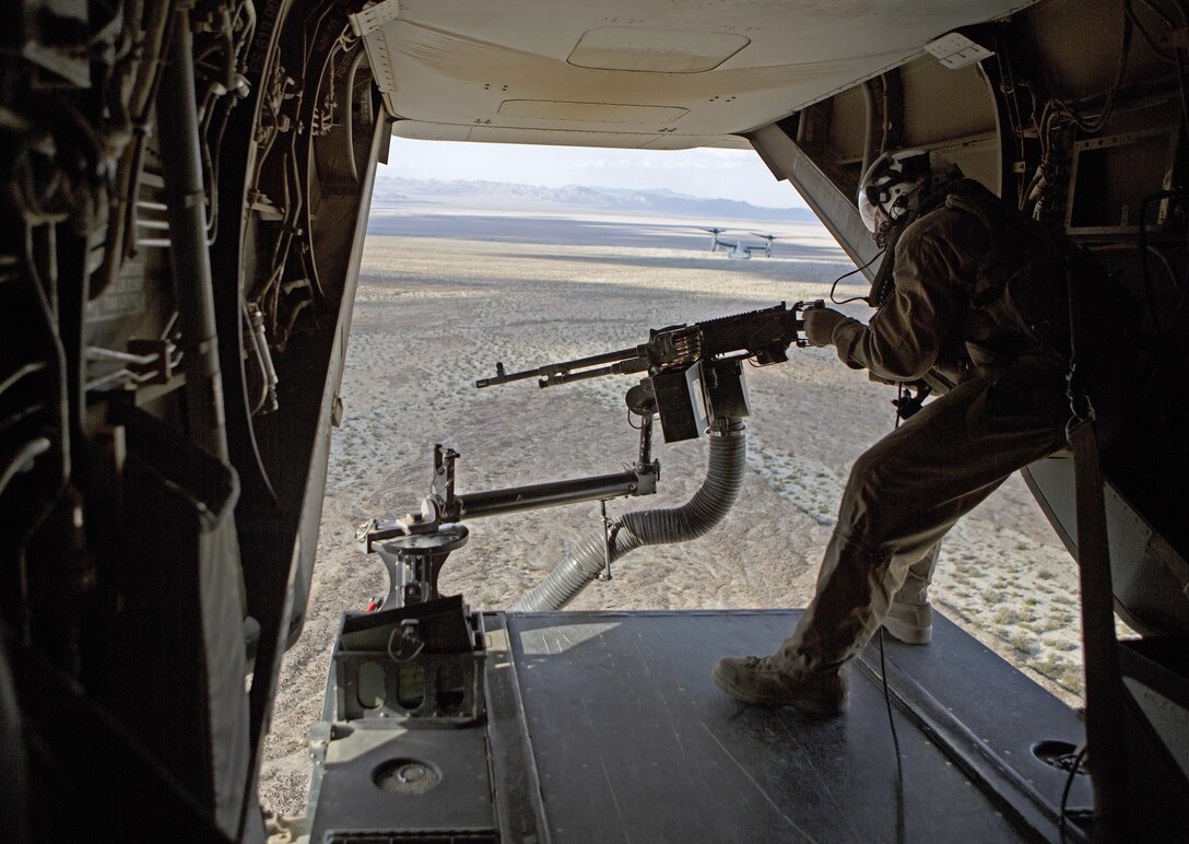 Sgt. Austin J. Otto, a crew chief with Marine Medium Tiltrotor Squadron (VMM) 363 participates in an MV-22 Osprey tail gun shoot during Integrated Training Exercise (ITX) 3-17, on Marine Corps Air Ground Combat Center Twentynine Palms, Calif., May 15. ITX is a combined-arms exercise enabling Marines across 3rd Marine Aircraft Wing to operate as an aviation combat element integrated with ground and logistics combat elements as a Marine air-ground task force. More than 650 Marines and 27 aircraft with 3rd MAW are supporting ITX 3-17. (U.S. Marine Corps photo by Lance Cpl. Becky L. Calhoun/Released)
