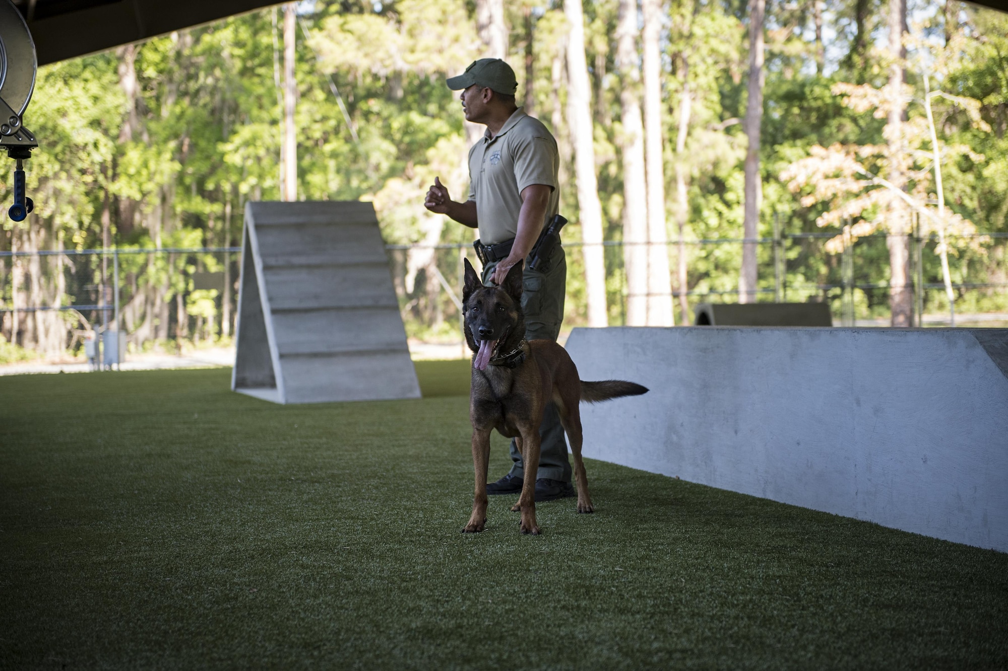 Valdosta Police Department working dog Ssmokey stands by his handler during a Police Week K-9 demonstration, May 16, 2017, at Moody Air Force Base, Ga. Moody’s Security Forces Squadron and the Valdosta Police Department K-9 unit held a showcase where MWD’s and their civilian counterparts got to show off their skills. Air Force and VPD handler’s explained the differences between commands, training, and procedures and explained how MWD’s are bred and raised. (U.S. Air Force photo Senior Airman Janiqua P. Robinson)