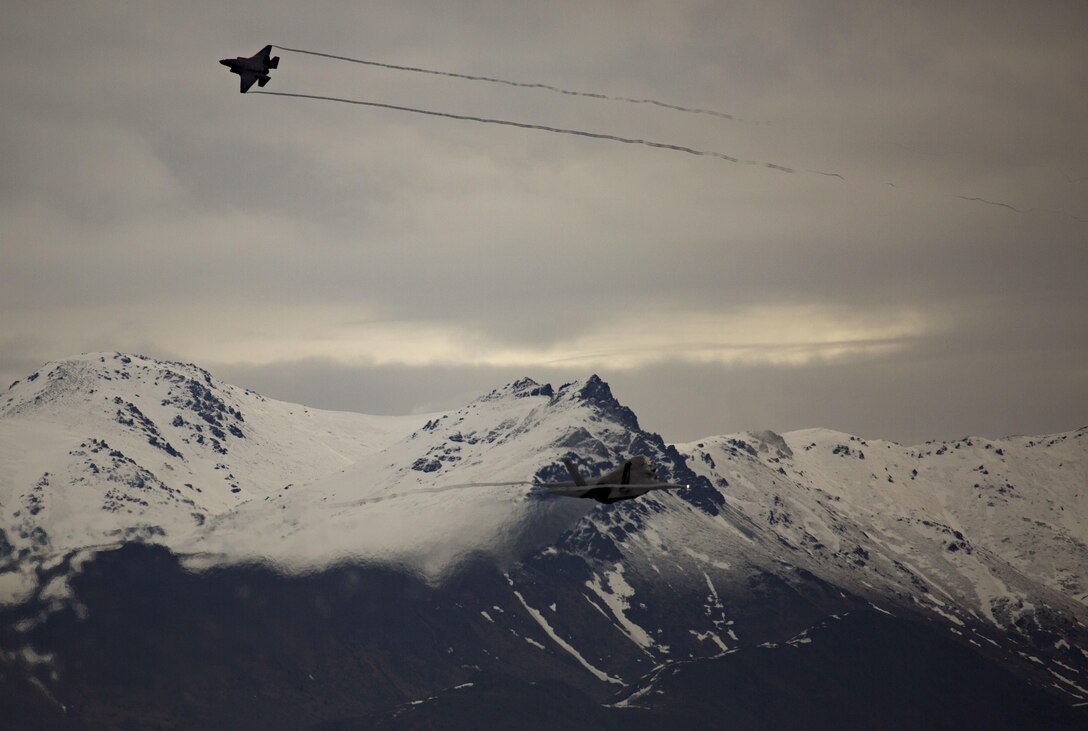 Marine Fighter Attack Squadron (VMFA) 121, stationed at Marine Corps Air Station Iwakuni, Japan, conduct flight operations with U.S. Air Force and U.S. Navy aircraft at Joint Base Elmendorf-Richardson, Alaska, on May 10, 2017. Northern Edge 17 is Alaska’s premier joint-training exercise and is conducted to strengthen the interoperability between various aircraft from all services. (U.S. Marine Corps photo by Lance Cpl. Jacob A. Farbo)