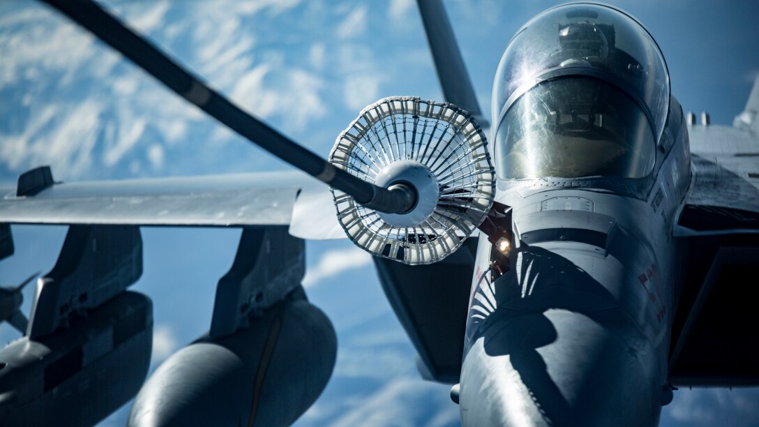 A U.S. Navy EA-18G Growler conducts air-to-air-refueling during exercise Northern Edge 17 at Joint Base Elmendorf-Richardson, Alaska, May 12, 2017. Northern Edge 17 is Alaska’s premier joint-training exercise and is conducted to strengthen the interoperability between various aircraft from all services. (U.S. Marine Corps photo by Lance Cpl. Jacob A. Farbo)