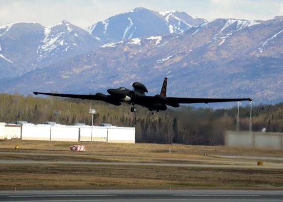 A U-2 Dragon Lady takes off during exercise Northern Edge 17, May 8, 2017. The U-2 is participating for the first time in Northern Edge, the joint training exercise is focused on interoperability and hosting approximately 6,000 service members, 200 fixed wing aircraft and provides the Army, Navy, Air Force, Marines and Coast Guard with critical training.