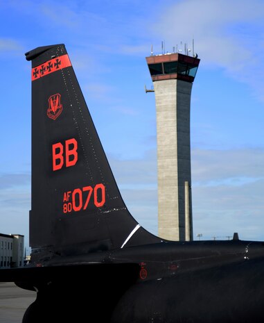 A U-2 Dragon Lady can be seen in front of an air traffic control tower during exercise Northern Edge 17 at Joint Base Elmendorf-Richardson, Alaska, May 9, 2017. The U-2 participated for the first time in Northern Edge, which is a biennial joint training exercise involving approximately 6,000 personnel and 200 fixed wing aircraft, and dates back to 1975. (U.S. Air Force photo by Staff Sgt. Jeffrey Schultze)