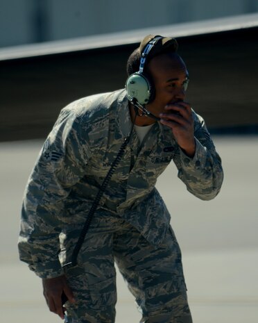 Senior Airman Aaron Wood, 9th Aircraft Maintenance Squadron crew chief, talks to the pilot of a U-2 Dragon Lady before takeoff at Joint Base Elmendorf-Richardson, Alaska, May 11, 2017. The U-2 participated for the first time in exercise Northern Edge, which is a biennial joint training exercise involving approximately 6,000 personnel, which dates back to 1975. (U.S. Air Force photo/Staff Sgt. Jeffrey Schultze)