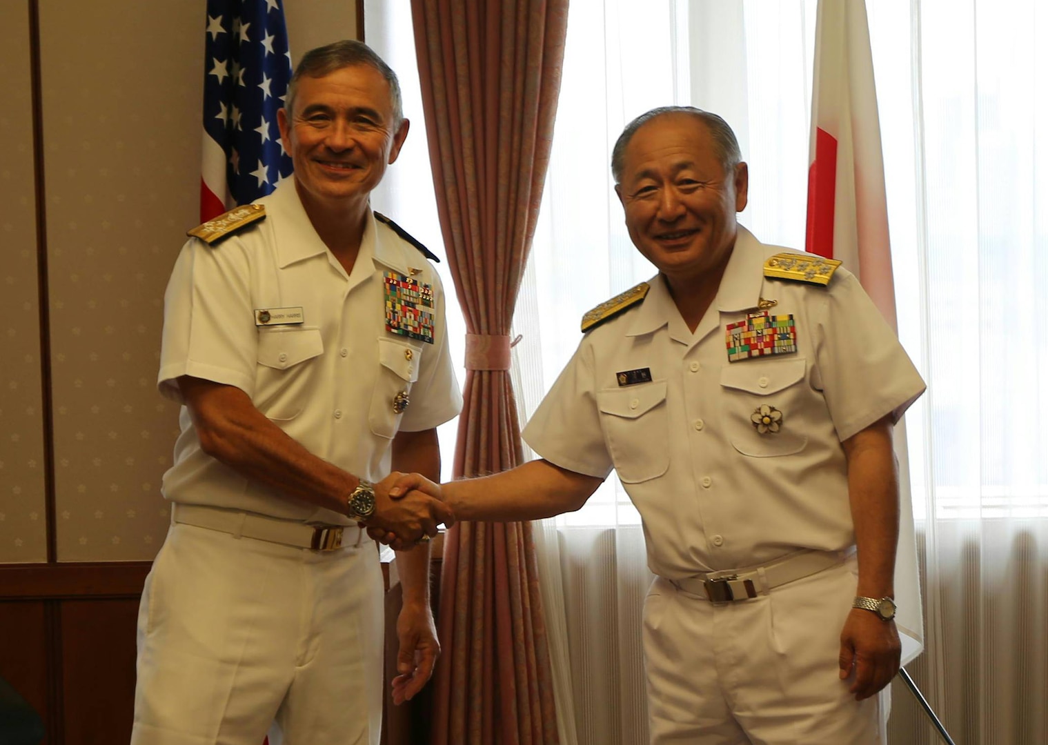 USPACOM Commander, Admiral Harry Harris meets with  
Japan Self-Defense Force Chief of Staff, Joint Staff, Admiral Katsutoshi Kawano at the Ministry of Defense in Tokyo, May 16, 2017 