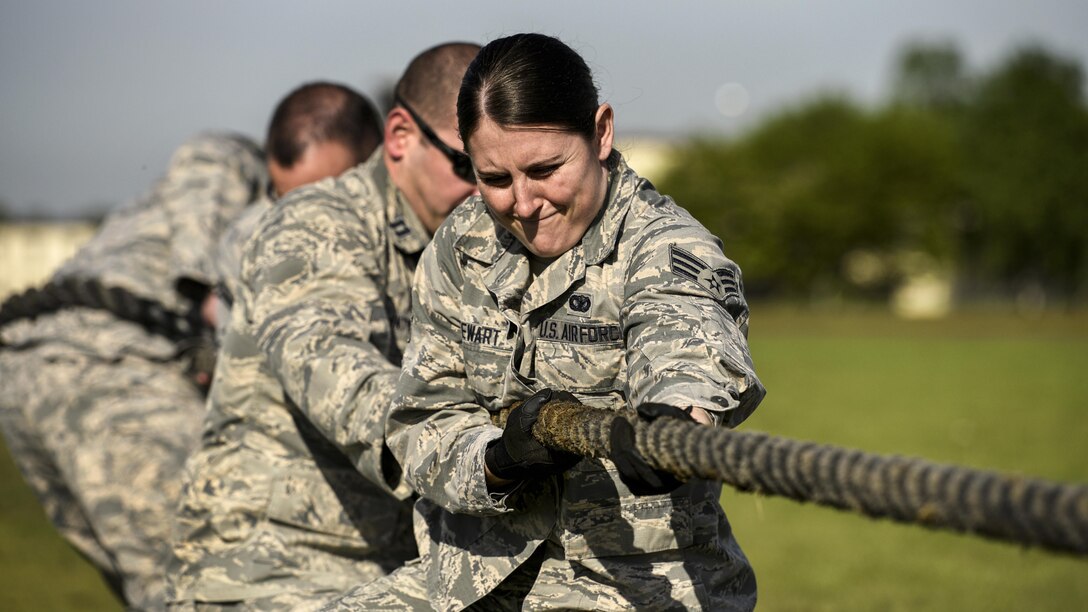 Air Force Senior Airman Stephanie Stewart participates in a tug of war competition during the Battle of the Badges, a National Police Week event at Spangdahlem Air Base, Germany, May 15, 2017. Air Force photo by Staff Sgt. Jonathan Snyder