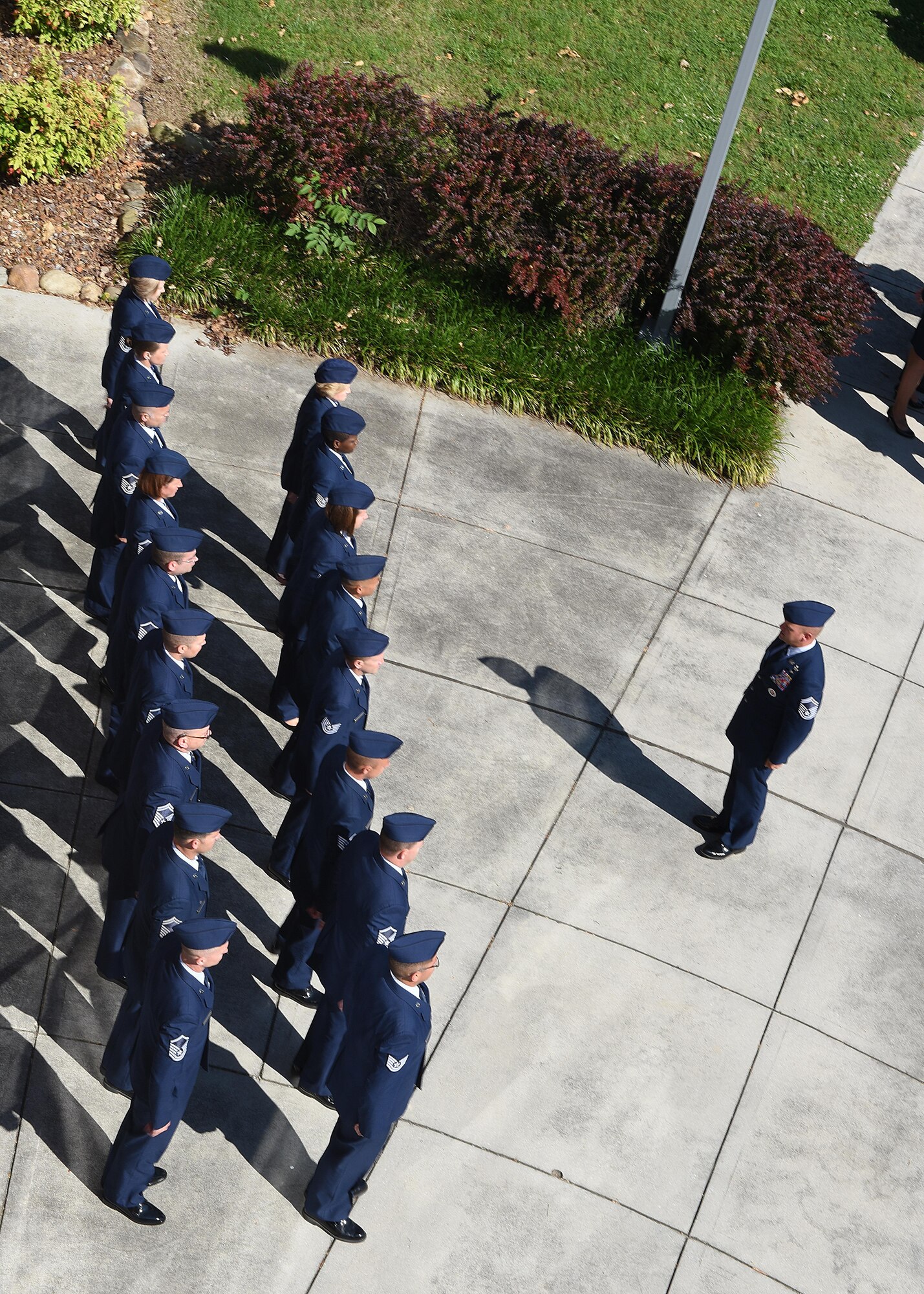 Faculty and staff assigned to the Air National Guard’s I.G. Brown Training and Education Center in East Tennessee formed ranks during a retreat ceremony with others at the Class 17-4 NCO Academy graduation May 16, 2017. Military retreat ceremonies pay respect to the Flag when it is lowered at the end of a duty day and can include group formation, bugle call, salute and flag folding, among other traditions. TEC service members recite the Airman’s Creed at the end of their flag ceremonies. TEC includes the Air Force’s largest enlisted professional military education center, which educates thousands of active duty, National Guard, Reserve Command and international students every year. (U.S. Air National Guard photo by Master Sgt. Mike R. Smith)