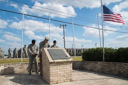 Chaplain (Capt.) Alan Kahan delivers the invocation at the Joint Base San Antonio Police Week retreat ceremony held in honor of fallen officers May 15, 2017, outside the Security Forces Museum at JBSA-Lackland. National Police Week began in 1962 after President John F. Kennedy signed a proclamation designating May 15 as Peace Officers Memorial Day and the week in which that date falls as Police Week.
