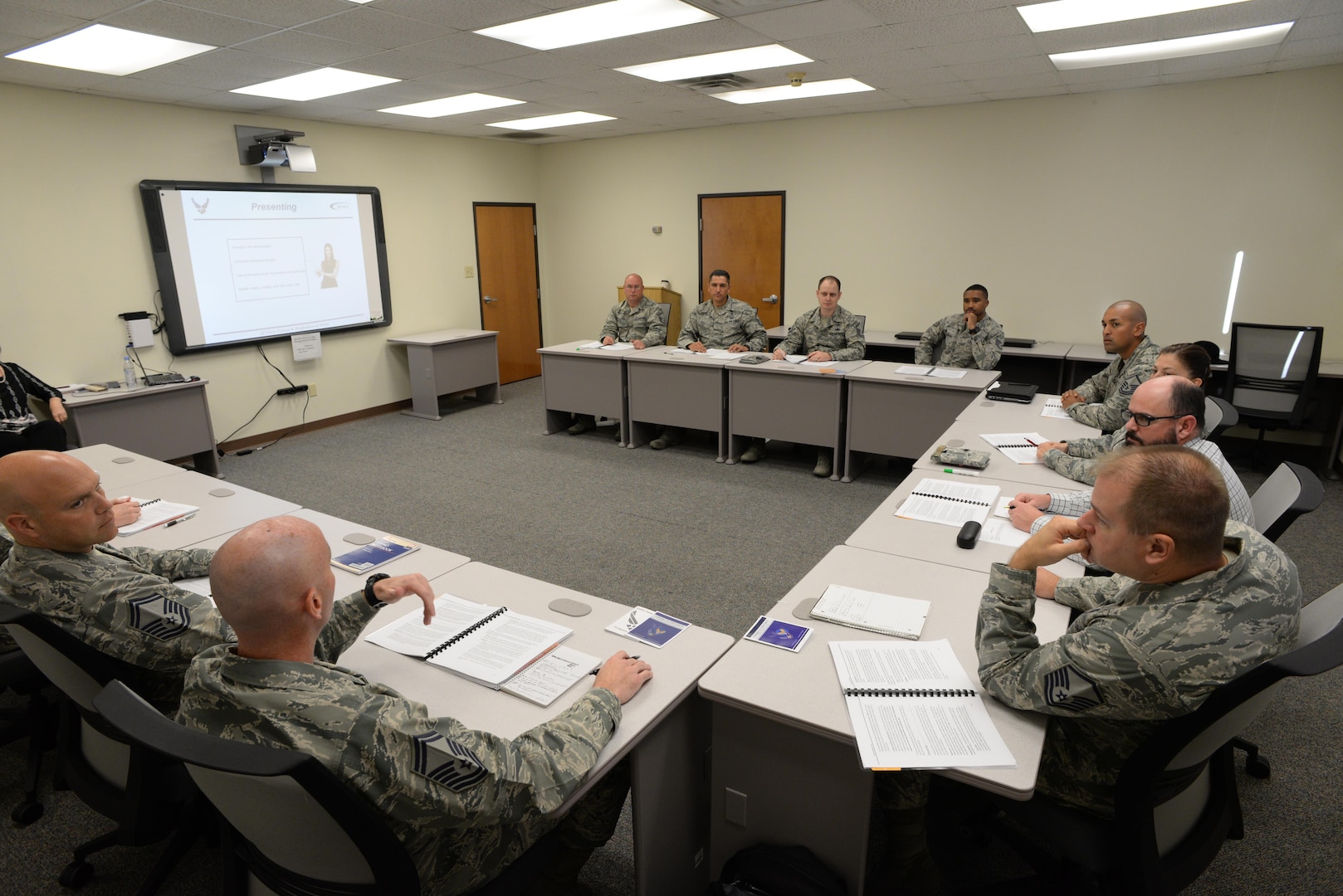 Career Assistance Advisors and other key leaders from Joint Base San Antonio attend training for the newly redesigned First Term Airmen Course. The new course revamped FTAC from an in-processing focused program to a standard curriculum focused on developing Airmen. (U.S. Air Force photo by Melissa Peterson)