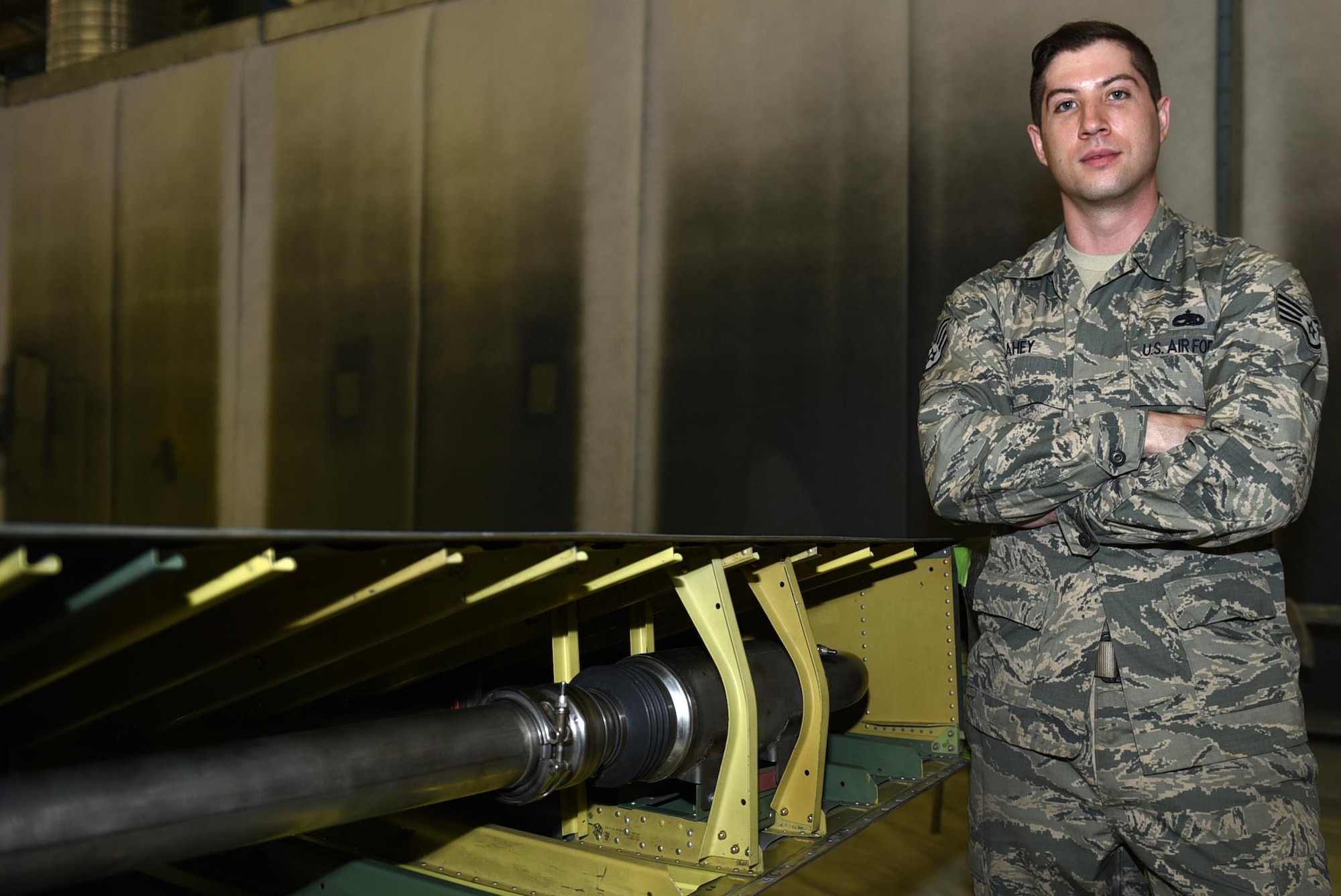 Staff Sgt. Christopher Lahey, 19th Aircraft Maintenance Squadron Aircraft Structural Maintenance craftsman, and his team repaired a leading edge for a C-130J back wing May 9, 2017, at Little Rock Air Force Base, Ark. The structural Airmen performed a high-level repair which made an aircraft serviceable 270 days ahead of schedule. (U.S. Air Force photo by Airman 1st Class Kevin Sommer Giron)