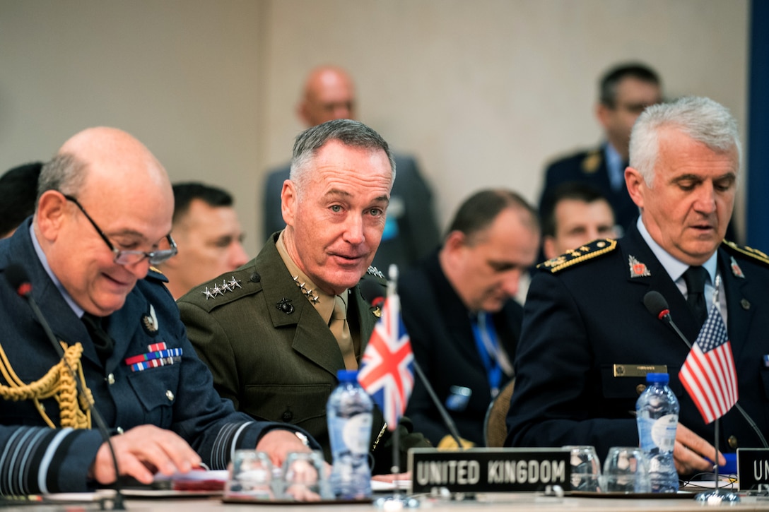 Marine Corps Gen. Joe Dunford, chairman of the Joint Chiefs of Staff, meets with counterparts during a NATO Military Committee Meeting in Brussels, May 17, 2017. The chiefs of defense met to discuss Afghanistan, countering terrorism and other NATO operations and missions to provide the North Atlantic Council with consensus-based military advice on how to best meet global security challenges. DoD photo by Army Sgt. James K. McCann