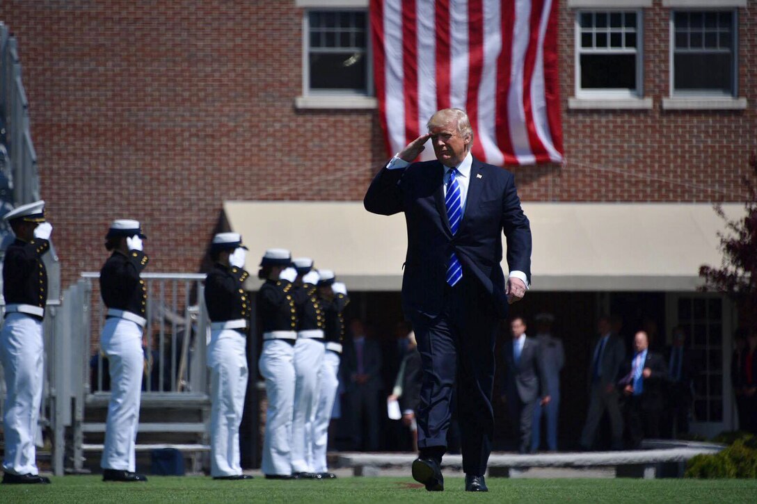 President Donald J. Trump salutes the 195 cadets during the 136th U.S. Coast Guard Academy Commencement in New London, Conn., May 17, 2017. Each year, the president delivers the commencement address at one of the U.S. military service academies. This was the first time Trump addressed a service academy graduating class as commander in chief. Coast Guard photo by Petty Officer 2nd Class Patrick Kelley