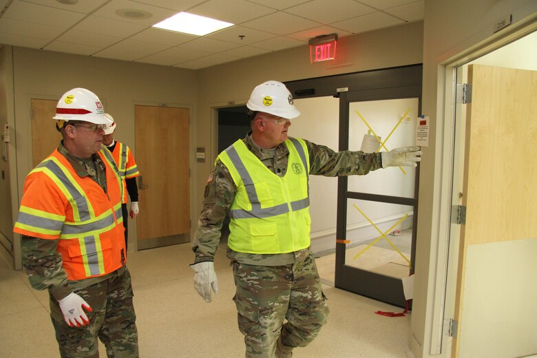 Health Facility Planning Officer Lt. Col. John Smith (right), with the U.S. Army Health Facility Planning Agency shows  U.S. Army Corps of Engineers Deputy Commanding General for Military and International Operations Maj. Gen. Mark Yenter(left) a triage room located within the hospital's emergency department as they toured the new Fort Irwin Weed Army Community Hospital project  at Fort Irwin, California, during a visit here May 15.

Yenter toured several Los Angeles District projects at the National Training Center at Fort Irwin, California, during a visit here May 15.