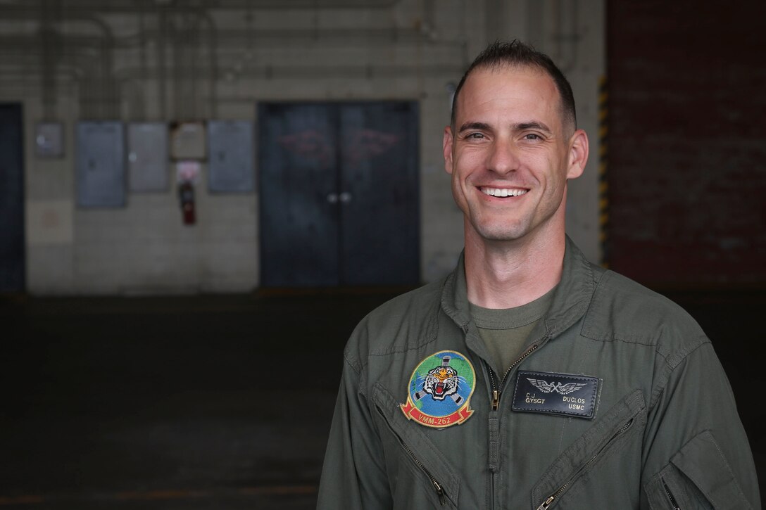 U.S. Marine Corps Gunnery Sgt. Clinton John DuClos receives the James Maguire Exceptional achievement award at Marine Corps Air Station Futenma, Okinawa, Japan, April 21, 2017. The Marine Corps Aviation Association awarded Duclos for leading, mentoring, and training Marines to become subject matter experts and be fully qualified in the airframes job field. “I’m just doing my job to the best of my ability,” said DuClos. “I’m very humbled and appreciative of it.” DuClos, a native of St. Louis, is a MV-22 Osprey airframes division chief with Marine Medium Tilt Rotor Squadron 262, Marine Aircraft Group 36, 1st Marine Aircraft Wing, III Marine Expeditionary Force. 