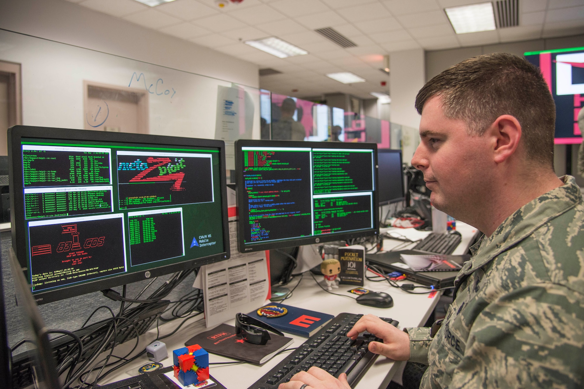 A member of a Cyber Protection Team participates in the Air Force's Exercise Black Demon, designed to validate his ability to protect and defend specific critical missions or assests. Unlike other communications specialists who work to defend and protect an entire network, CPTs have advanced training and skillsets that go deeper into locating and then neutralizing the threats posed to high priority missions. (U.S. Air Force photo by Airman 1st Class Daniel Garcia)