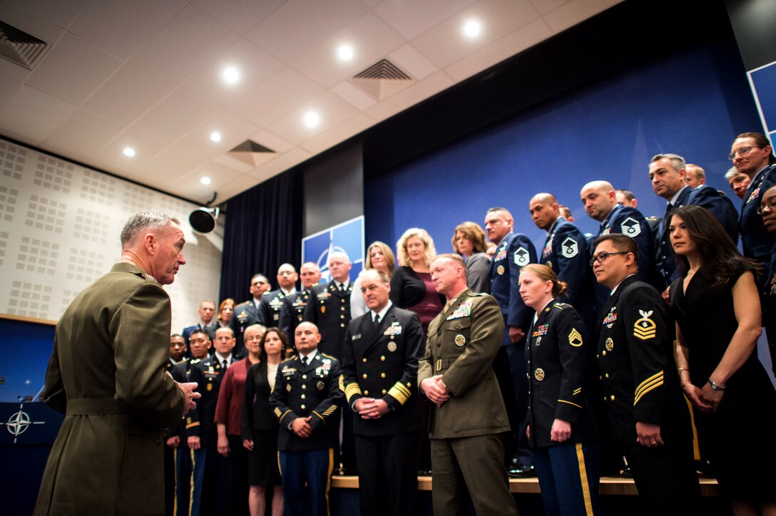 Marine Corps Gen. Joe Dunford, chairman of the Joint Chiefs of Staff, speaks to members of a U.S. military delegation that supports NATO in Brussels, May 17, 2017. DoD photo by Army Sgt. James K. McCann