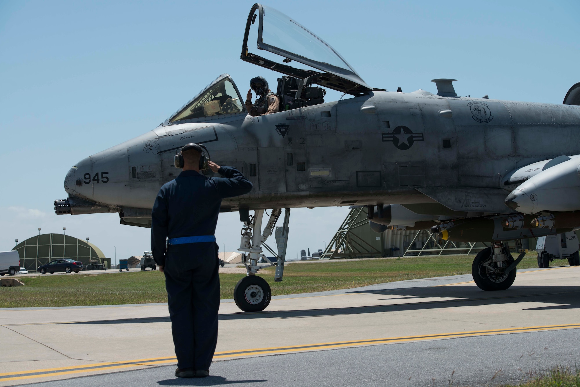 U.S. Air Force Staff Sgt. Nicholas Reider, crew chief with the 447th Expeditionary Aircraft Maintenance Squadron, salutes a pilot in an A-10 Thunderbolt II prior to taxiing May 11, 2017, at Incirlik Air Base, Turkey, in support of Operation INHERENT RESOLVE. Crew chiefs are responsible for launching, recovering and maintaining aircraft. (U.S. Air Force photo by Airman 1st Class Devin M. Rumbaugh)