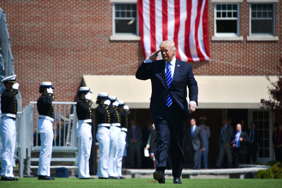 President Donald J. Trump salutes 195 cadets during the 136th U.S. Coast Guard Academy commencement in New London, Conn., May 17, 2017. Each year, the president delivers the commencement address at one of the U.S. military service academies. This was the first time Trump addressed a service academy graduating class as commander in chief. Coast Guard photo by Petty Officer 2nd Class Patrick Kelley