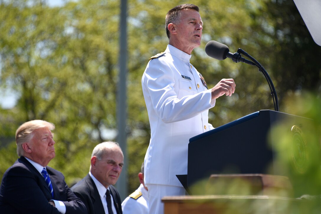 President Donald Trump and Secretary of Homeland Security John F. Kelly look on as Coast Guard Commandant Adm. Paul Zukunft speaks during the 136th Coast Guard Academy commencement in New London, Conn., May 17, 2017. Coast Guard photo by Petty Officer 2nd Class Patrick Kelley