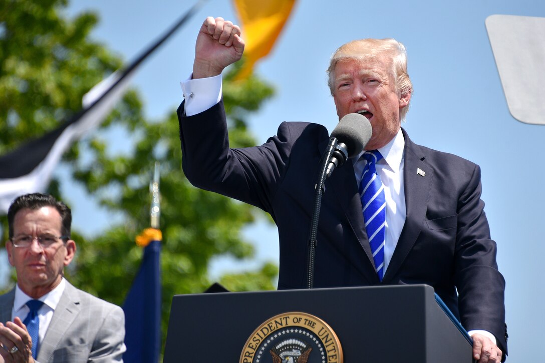 President Donald Trump delivers the commencement address for the U.S. Coast Guard Academy's Class of 2017 during the 136th Coast Guard Academy commencement in New London, Conn., May 17, 2017. This was the first time Trump addressed a service academy graduating class as commander in chief. Coast Guard photo by Petty Officer 2nd Class Patrick Kelley