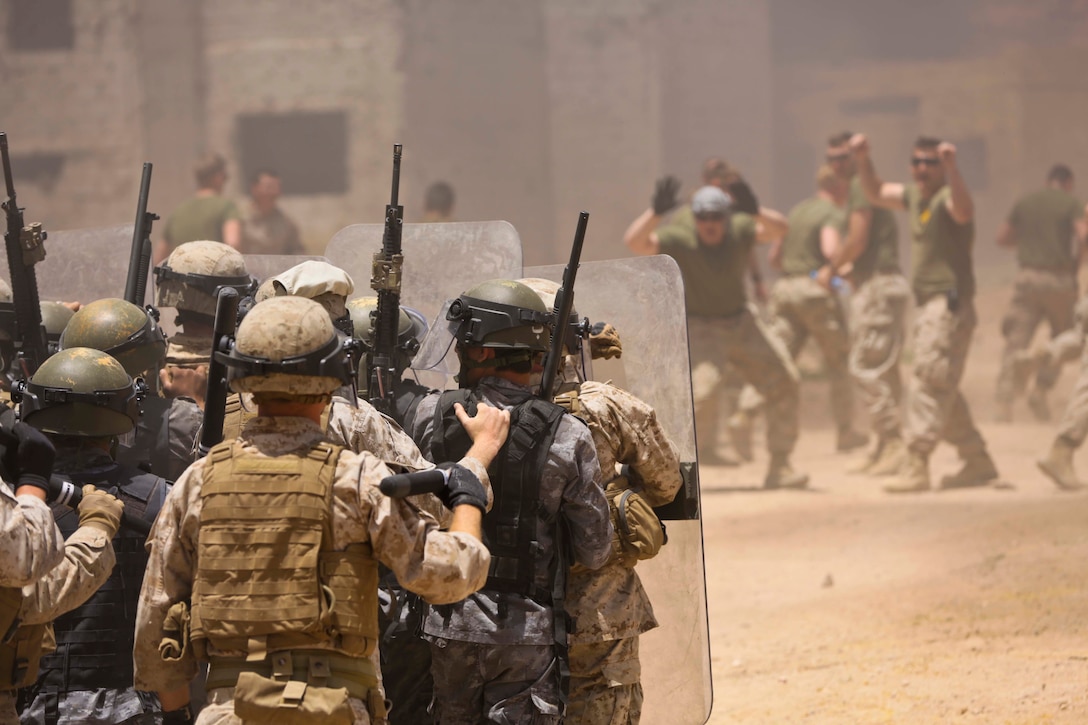 U.S. Marines with Military Police Company Alpha, 4th Law Enforcement Battalion, and the Jordanian 77th Marine Battalion, participate in a Non-Lethal Weapons and Tactics Course during Eager Lion 17, May 11, 2017. Eager Lion is an annual U.S. Central Command exercise in Jordan designed to strengthen military-to-military relationships between the U.S., Jordan and other international partners. This year's iteration is comprised of about 7,400 military personnel from more than 20 nations that will respond to scenarios involving border security, command and control, cyber defense and battlespace management.  (U.S. Marine Corps photo by Staff Sgt. Vitaliy Rusavskiy/Released)