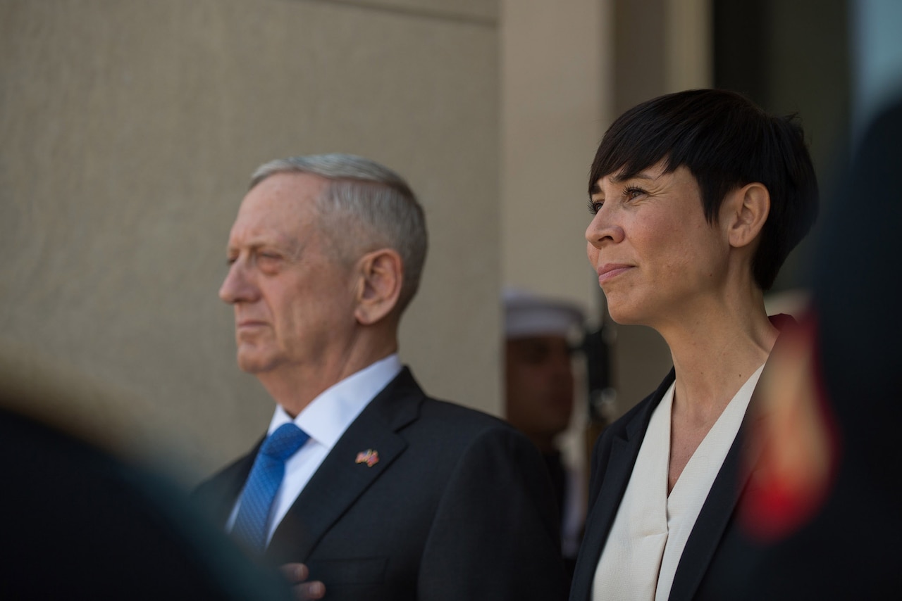 Defense Secretary Jim Mattis stands with Norwegian Defense Minister Ine Eriksen Søreide during an honor cordon at the Pentagon, May 17, 2017. DoD photo by Army Sgt. Amber I. Smith