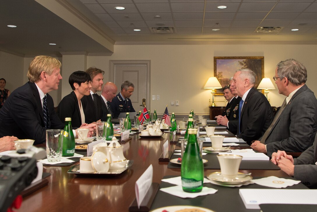 Defense Secretary Jim Mattis speaks with Norwegian Defense Minister  Ine Eriksen Søreide during a meeting at the Pentagon, May 17, 2017. DoD photo by Army Sgt. Amber I. Smith