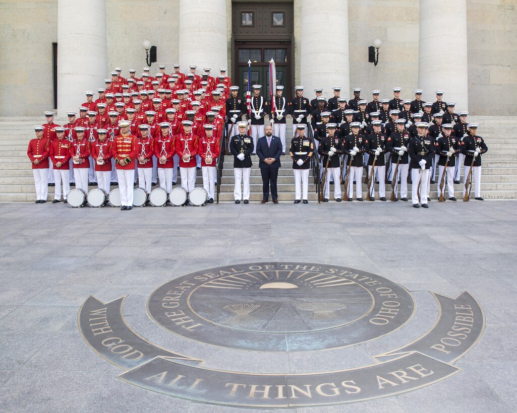The U.S. Marine Corps Battle Color Detachment poses for a photo with the Speaker of the Ohio House of Representatives, Clifford A. Rosenberger, before A Battle Color Ceremony at the Ohio Statehouse, Columbus, Ohio, May 16, 2017. (Official Marine Corps photo by Cpl. Robert Knapp/Released)