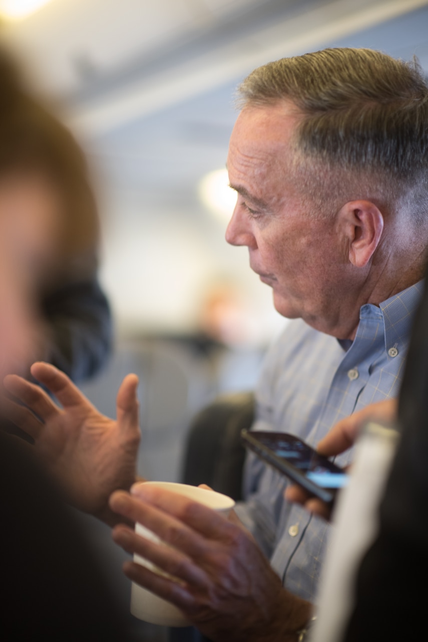 Marine Corps Gen. Joe Dunford, the chairman of the Joint Chiefs of Staff, speaks with reporters on his way back to Washington, D.C., following NATO meetings in Brussels, May 17, 2017. DoD photo by Army Sgt. James McCann