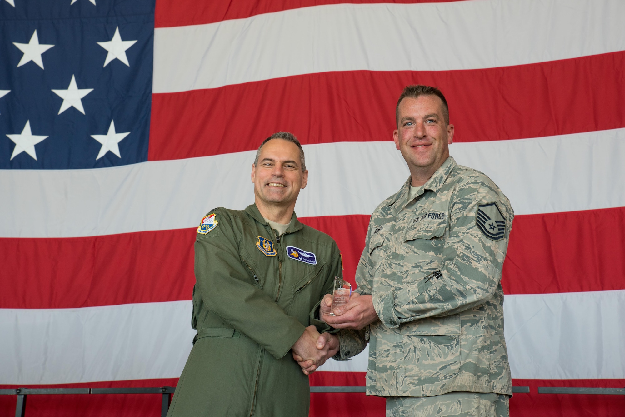 Master Sgt. Peter grant, 934th Logistics readiness Squadron, (right) receives the Senior Noncommissioned Officer of the Year Award from Col. Tony Polashek, 934th Airlift Wing commander, at the Wing Commander's Call May 6. (Air Force Photo/Master Sgt. Eric Amidon)