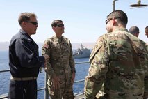 Commander, U.S. Central Command Gen. Joseph L. Votel  and Capt. Larry LeGree, commanding officer of Amphibious Squadron (PHIBRON) 8 speak with Sailors and Marines on Vultures Row of the amphibious assault ship USS Bataan (LHD 5) during a ship tour during exercise Eager Lion 2017. Eager Lion is an annual U.S. Central Command exercise in Jordan designed to strengthen military-to-military relationships between the U.S., Jordan and other international partners. This year's iteration is comprised of about 7,200 military personnel from more than 20 nations that will respond to scenarios involving border security, command and control, cyber defense and battlespace management. The ship and its ready group are deployed in the U.S. 5th Fleet area of operations in support of maritime security operations designed to reassure allies and partners, and preserve the freedom of navigation and the free flow of commerce in the region. 