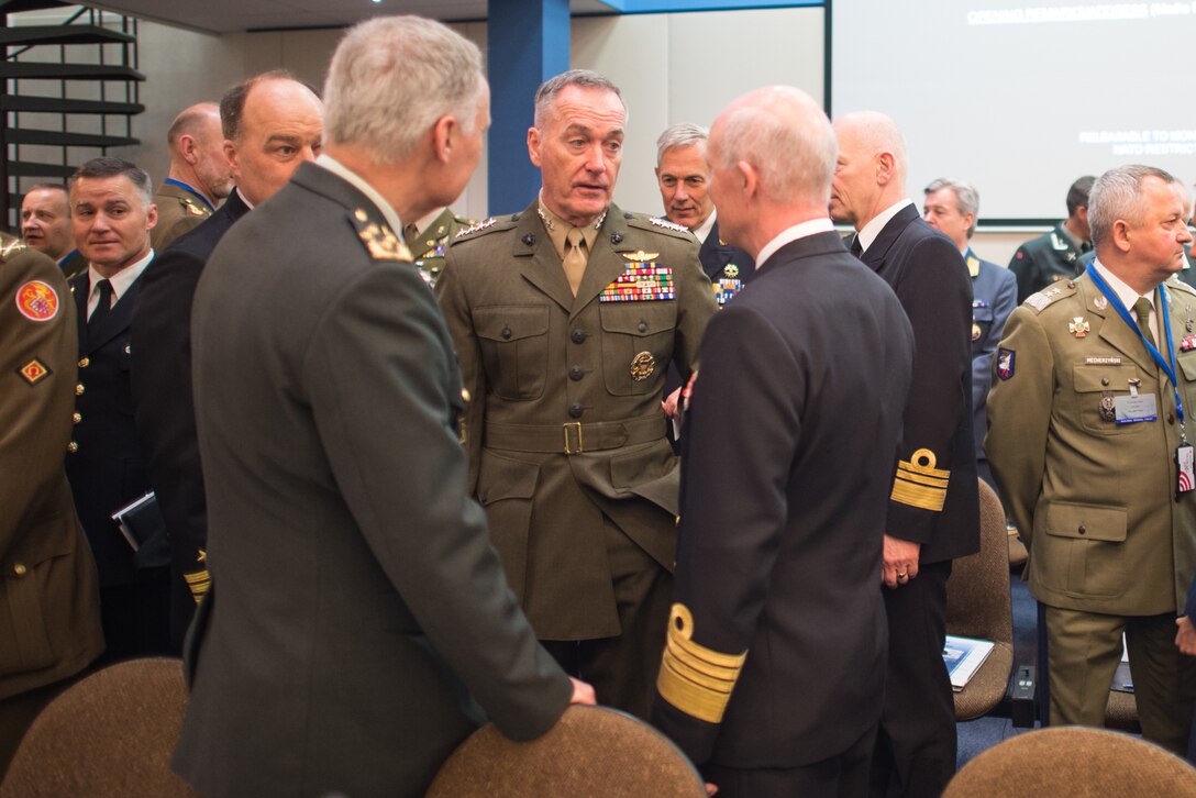 Marine Corps Gen. Joe Dunford, chairman of the Joint Chiefs of Staff, meets with counterparts during a NATO Military Committee Meeting in Brussels, May 17, 2017. The chiefs of defense met to discuss Afghanistan, countering terrorism and other NATO operations and missions to provide the North Atlantic Council with consensus-based military advice on how to best meet global security challenges. DoD photo by Army Sgt. James K. McCann