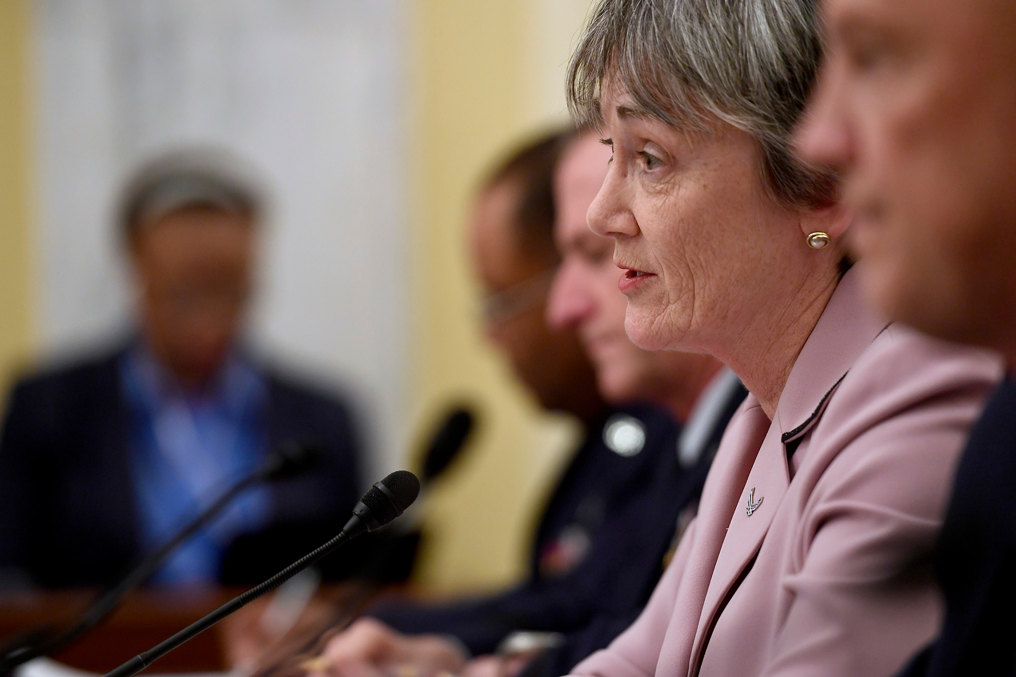 Secretary of the Air Force Heather Wilson testifies before the Senate Armed Services Subcommittee on Strategic Forces May 17, 2017, in Washington, D.C.  With Wilson were Air Force Chief of Staff Gen. David Goldfein, Lt. Gen. Samuel Greaves, the Space and Missile Systems Center commander; Gen. John Raymond, the Air Force Space Command commander and Cristina Chapin, the General Accounting Office director of acquisition and sourcing management. The committee examined military space organization, policy, and programs.   (U.S. Air Force photo/Scott M. Ash)