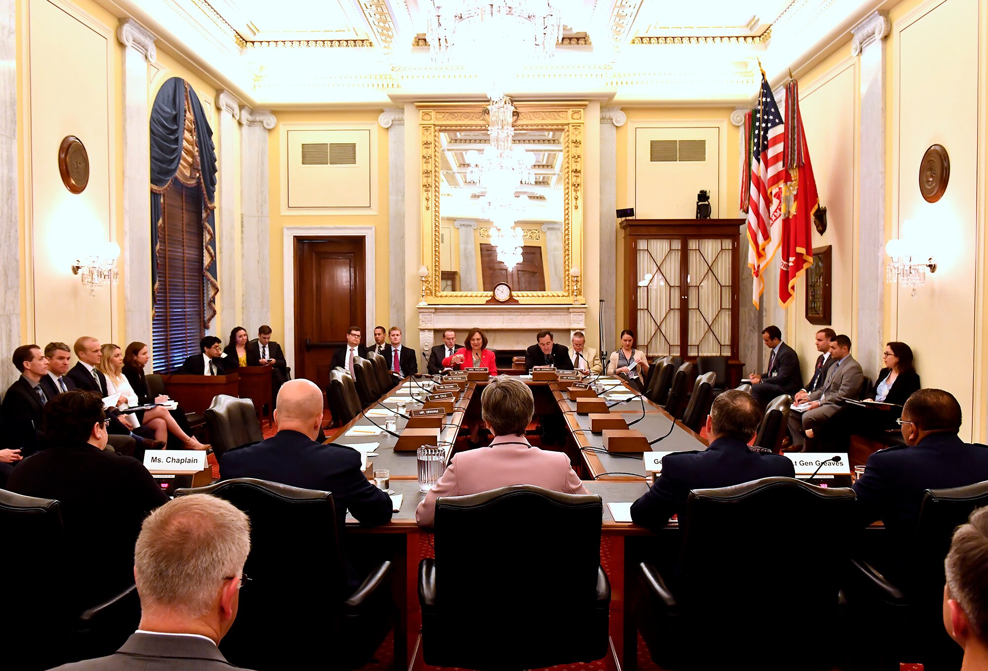 Secretary of the Air Force Heather Wilson, center, and Air Force Chief of Staff Gen. David Goldfein, to her right, testify before the Senate Armed Services Subcommittee on Strategic Forces May 17, 2017, in Washington, D.C. With Wilson and Goldfein were Lt. Gen. Samuel Greaves, the Space and Missile Systems Center commander; Gen. John Raymond, the Air Force Space Command commander and Cristina Chapin, the General Accounting Office director of acquisition and sourcing management. The committee examined military space organization, policy, and programs. (U.S. Air Force photo/Scott M. Ash)