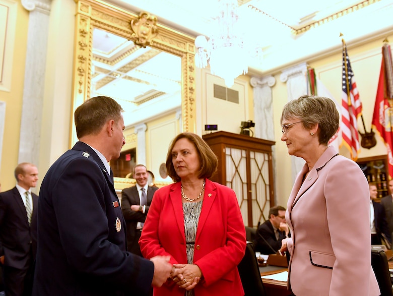 Air Force Chief of Staff Gen. David Goldfein and Secretary of the Air Force Heather Wilson speak with Sen. Deb Fischer, R-Nebr., before testifying for the Senate Armed Services Subcommittee on Strategic Forces May 17, 2017, in Washington, D.C. With Wilson and Goldfein were Lt. Gen. Samuel Greaves, the Space and Missile Systems Center commander; Gen. John Raymond, the Air Force Space Command commander and Cristina Chapin, the General Accounting Office director of acquisition and sourcing management. The committee examined military space organization, policy, and programs. (U.S. Air Force photo/Scott M. Ash)