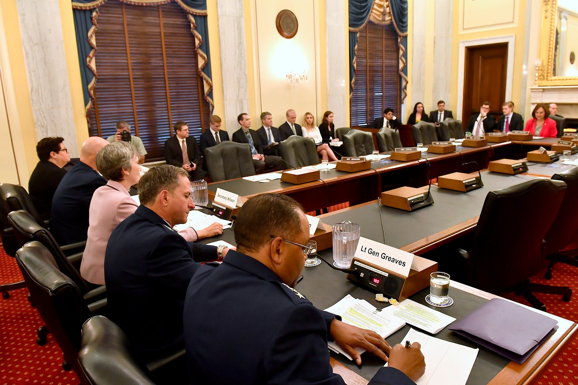 Secretary of the Air Force Heather Wilson and Air Force Chief of Staff Gen. David Goldfein testify before the Senate Armed Services Subcommittee on Strategic Forces May 17, 2017, in Washington, D.C. With Wilson and Goldfein were Lt. Gen. Samuel Greaves, the Space and Missile Systems Center commander; Gen. John Raymond, the Air Force Space Command commander and Cristina Chapin, the General Accounting Office director of acquisition and sourcing management. The committee examined military space organization, policy, and programs. (U.S. Air Force photo/Scott M. Ash)