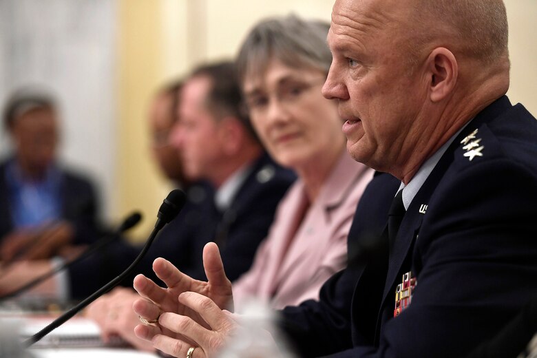 Gen. John Raymond, the Air Force Space Command commander, testifies with Secretary of the Air Force Heather Wilson and Air Force Chief of Staff Gen. David Goldfein before the Senate Armed Services Subcommittee on Strategic Forces May 17, 2017, in Washington, D.C. Sharing the panel with them were Lt. Gen. Samuel Greaves, the Space and Missile Systems Center commander and Cristina Chapin, the General Accounting Office director of acquisition and sourcing management. The committee examined military space organization, policy, and programs. (U.S. Air Force photo/Scott M. Ash)