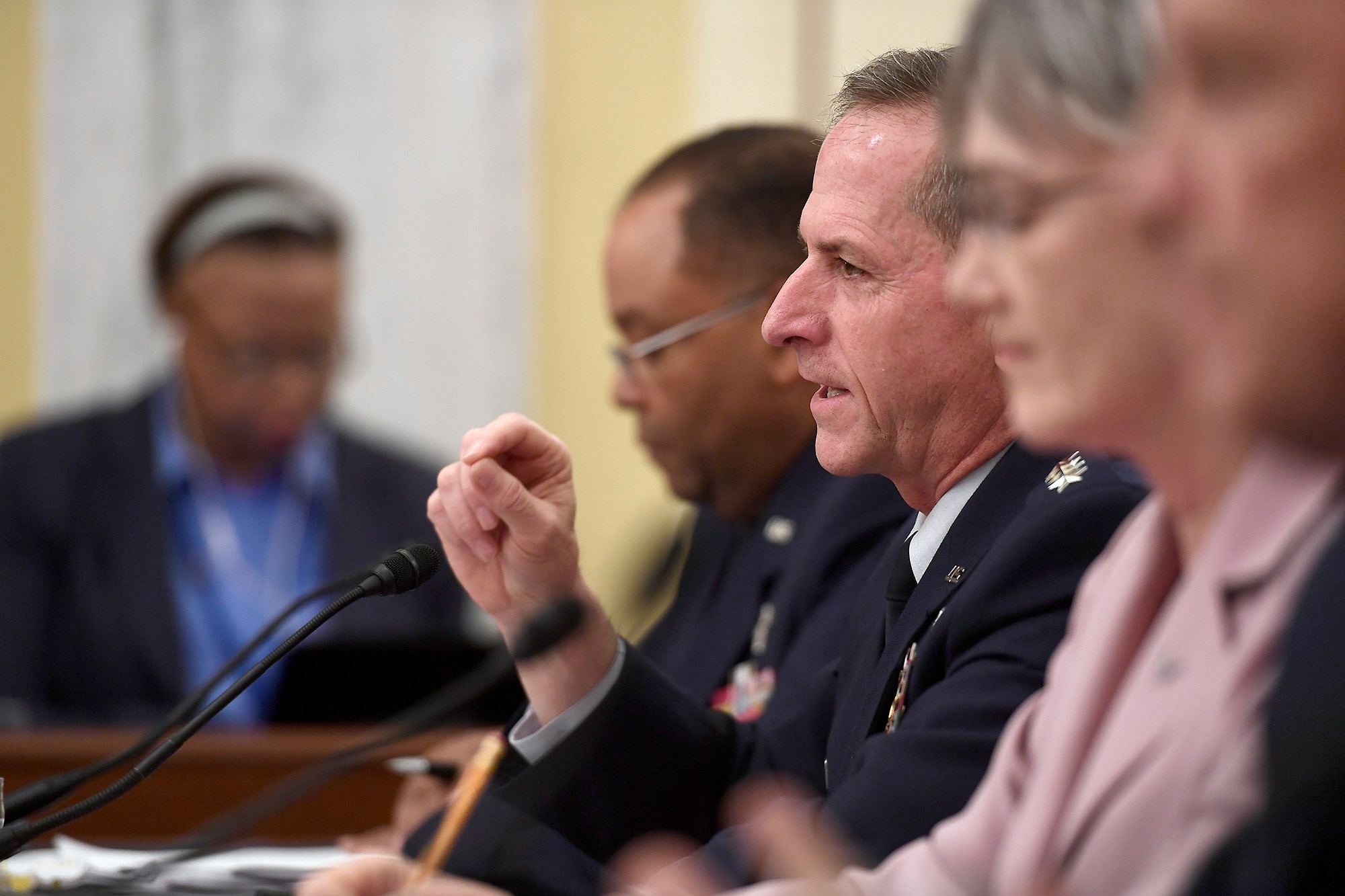 Air Force Chief of Staff Gen. David Goldfein and Secretary of the Air Force Heather Wilson testify before the Senate Armed Services Subcommittee on Strategic Forces May 17, 2017, in Washington, D.C. With Wilson and Goldfein were Lt. Gen. Samuel Greaves, the Space and Missile Systems Center commander; Gen. John Raymond, the Air Force Space Command commander and Cristina Chapin, the General Accounting Office director of acquisition and sourcing management. The committee examined military space organization, policy, and programs. (U.S. Air Force photo/Scott M. Ash)